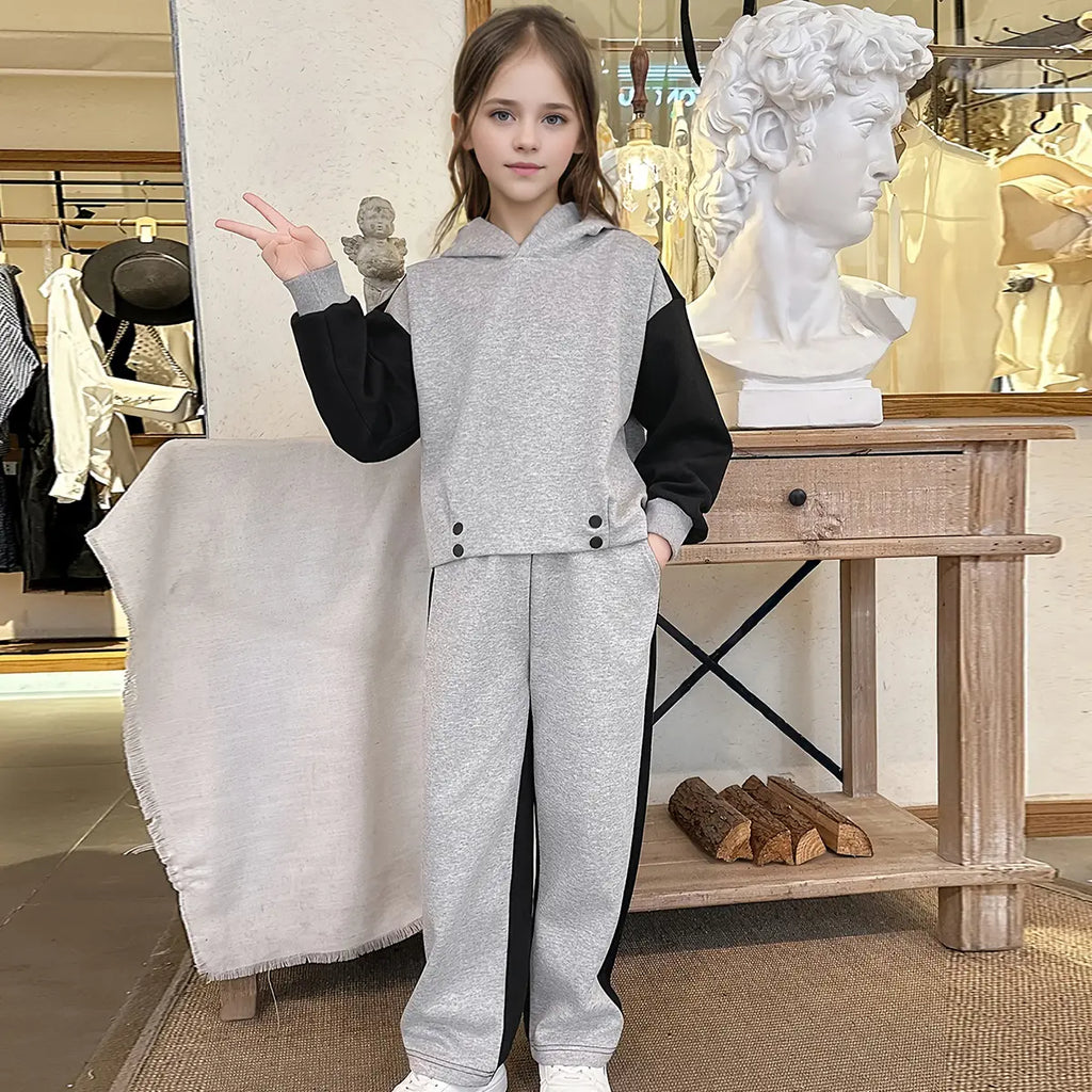Girls Grey Color-blocked Hooded Sweatshirt With Pants Set Sets Grey 5-6 Y