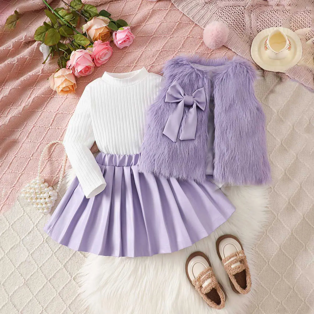 Girls Purple Faux Fur Vest With T-Shirt & Pleated Skirt Sets Sets Purple 2-3 Y