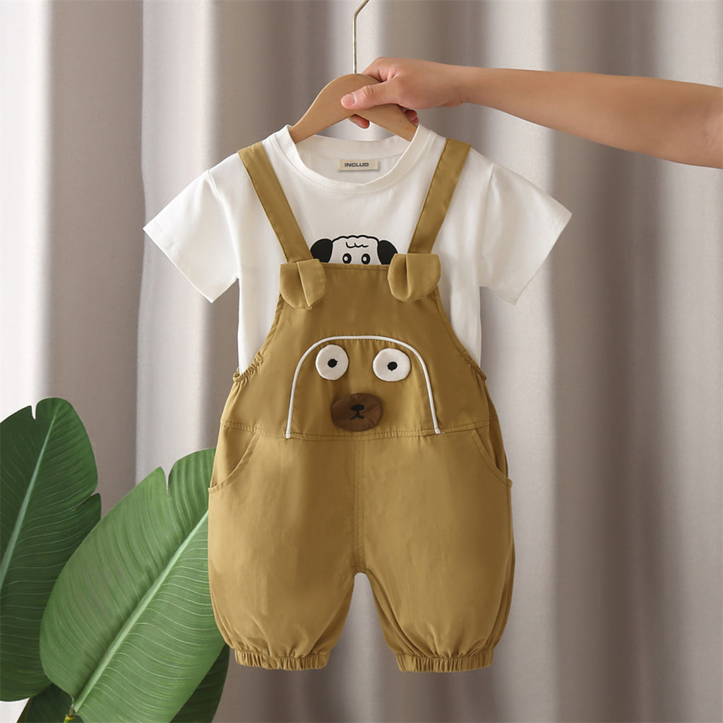 Boys Khaki Dog Patched Dungaree With T-Shirts Set 2 pc. Sets Khaki 1-2 Y