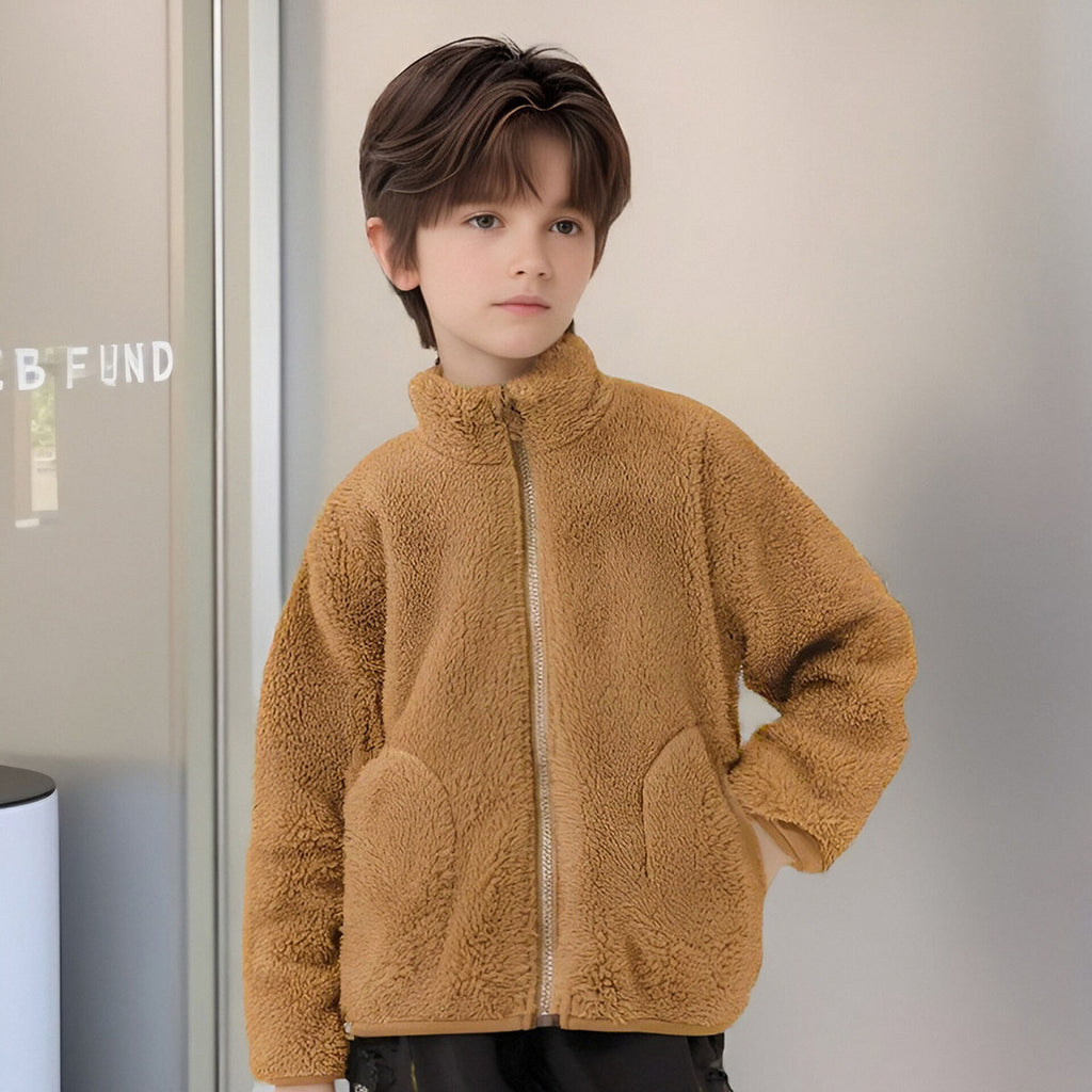 Boys Brown Solid Polar Fleece Zip Up Winter Jacket Coats & Jackets Brown 2-3 Y