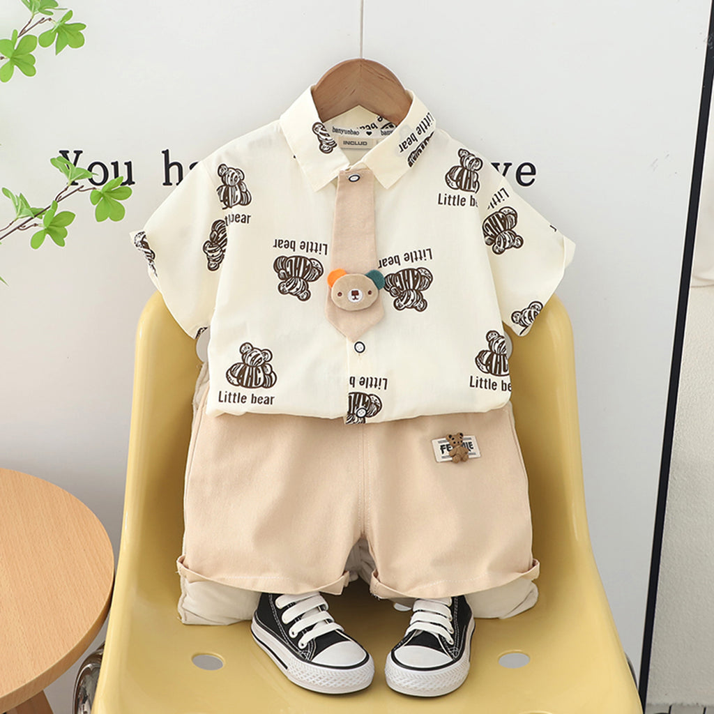 Boys Off White Bear Printed Short Sleeve Shirt With Elasticated Shorts Set Sets Off White 1-2 Y