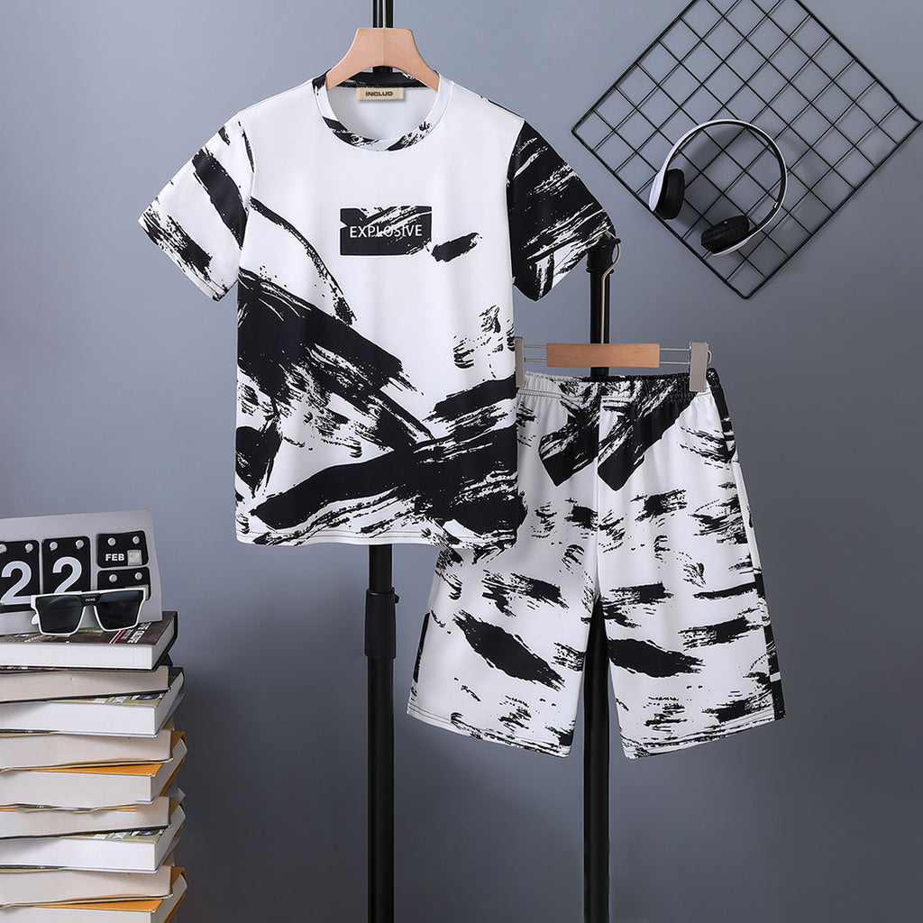 Boys White Abstract Printed T-Shirt With Elasticated Shorts Set 2 pc. Sets