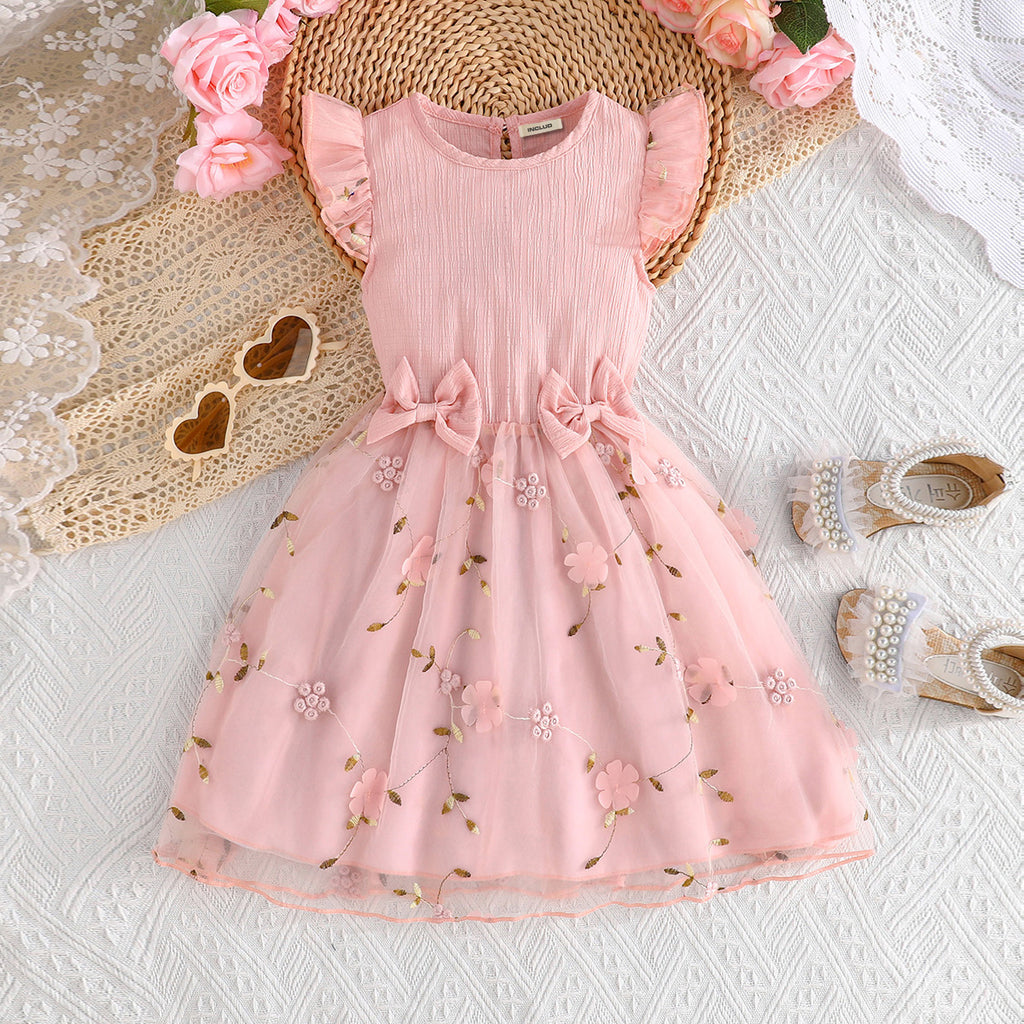Girls Pink Floral Applique Fit & Flare Dress With Bow Casual Dresses Pink 2-3 Y