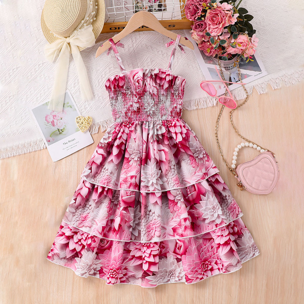 Girls Dark Pink Floral Printed Fit & Flare Dress Casual Dresses Dark Pink 3-4 Y