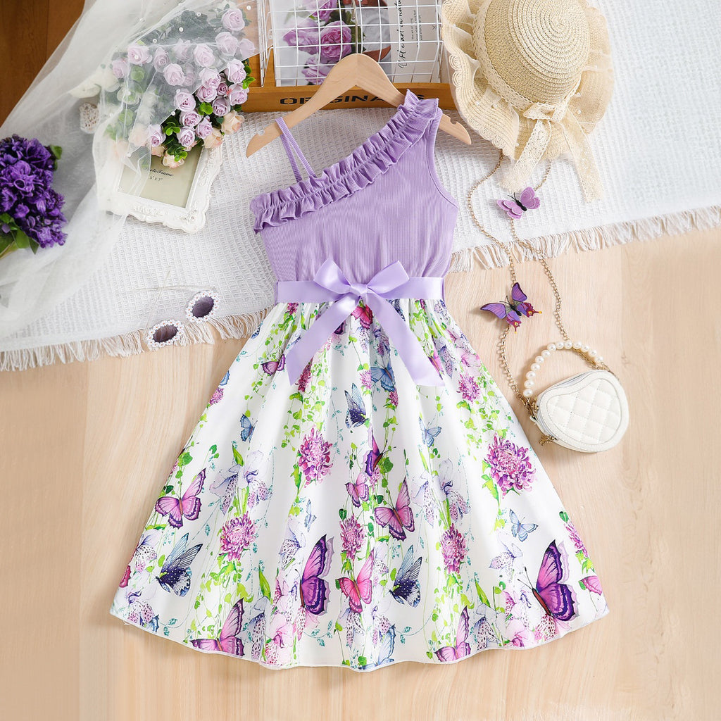 Girls Purple Butterfly Printed One Shoulder Fit And Flared Dress Casual Dresses