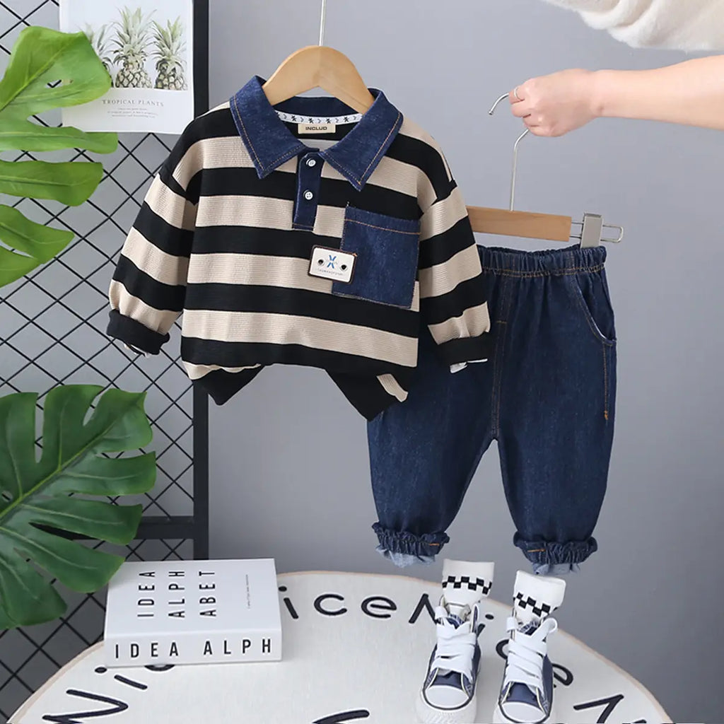 Boys Beige Stripes Polo Sweatshirt With Denim Pants Set Sets Beige 1-2 Y