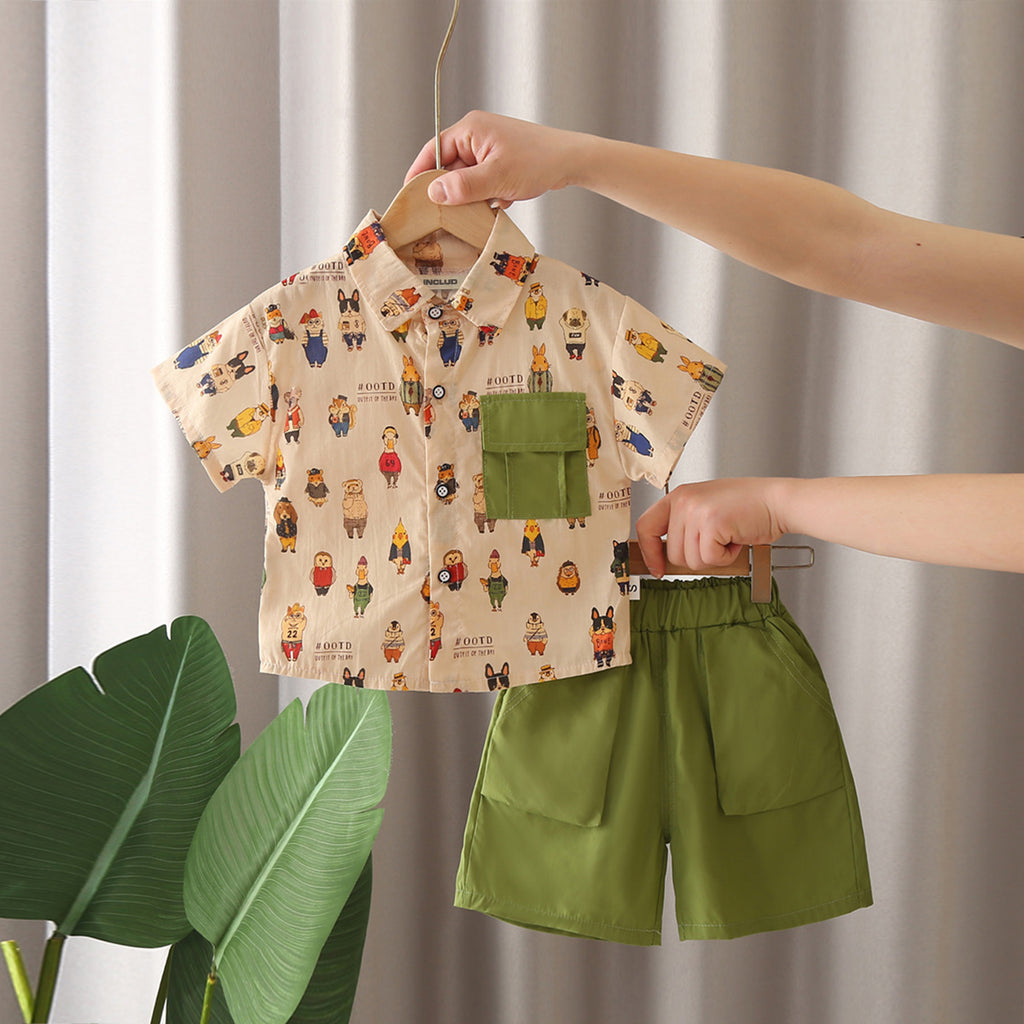 Boys Beige Cartoon Printed Short Sleeves Shirt With Shorts Set 2 pc. Sets Beige 1-2 Y