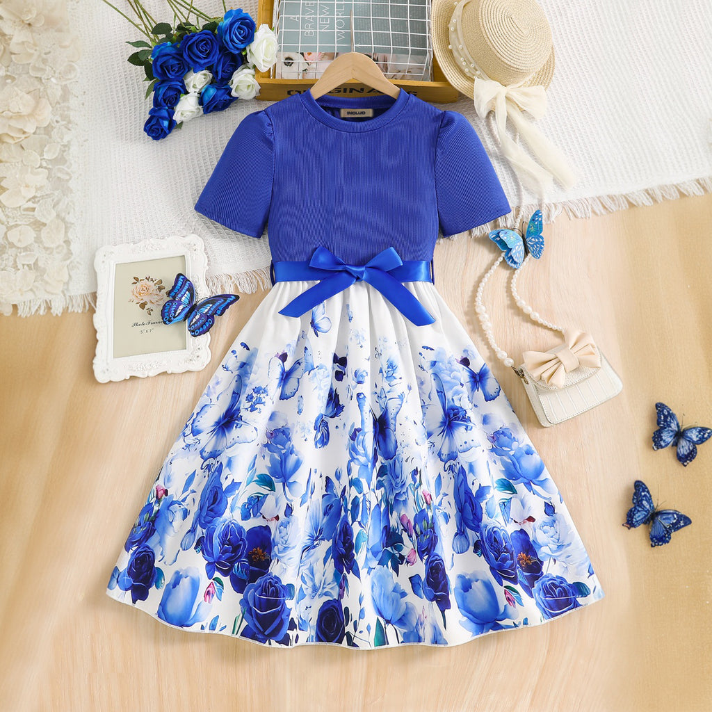 Girls Indigo Blue Floral Printed Short Sleeves Fit And Flared Midi Dress Casual Dresses Blue 3-4 Y