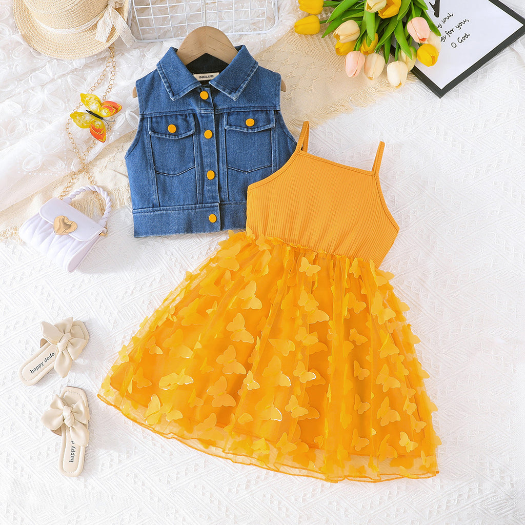 Girls Yellow Butterfly Applique Dress With Sleeveless Denim Jacket Casual Dresses Yellow 3-4 Y