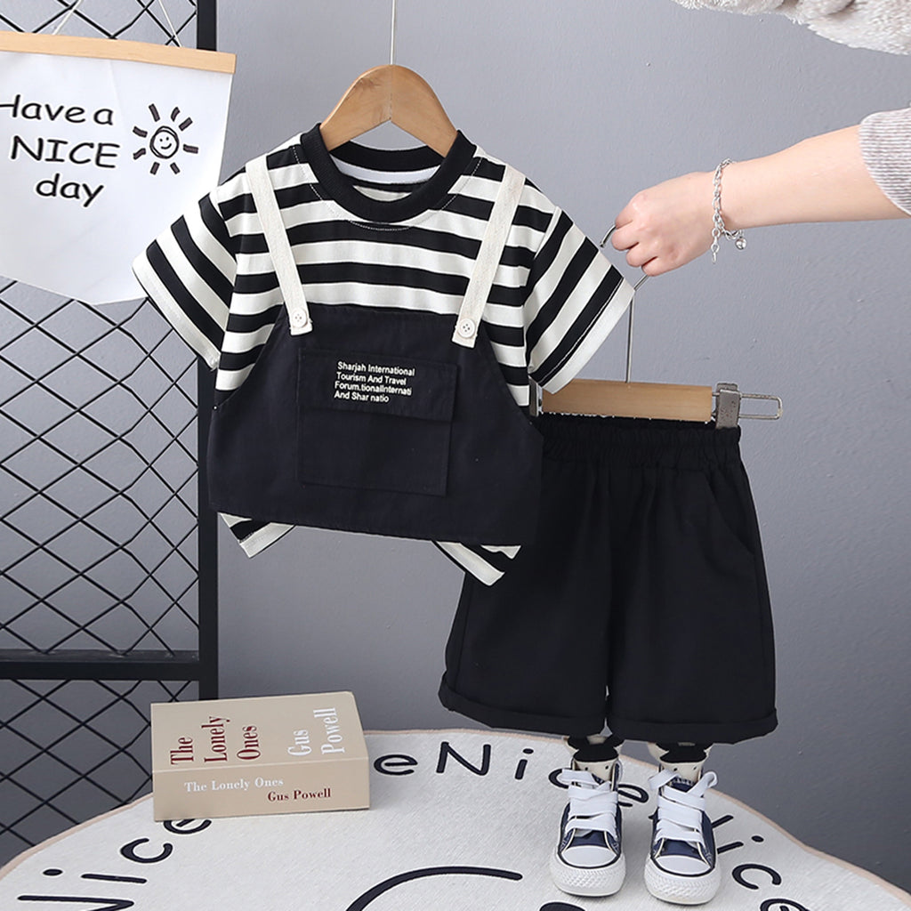 Boys Black Striped Short Sleeves Flapped Pocket T-Shirt With Shorts Set 2 pc. Sets Black 1-2 Y
