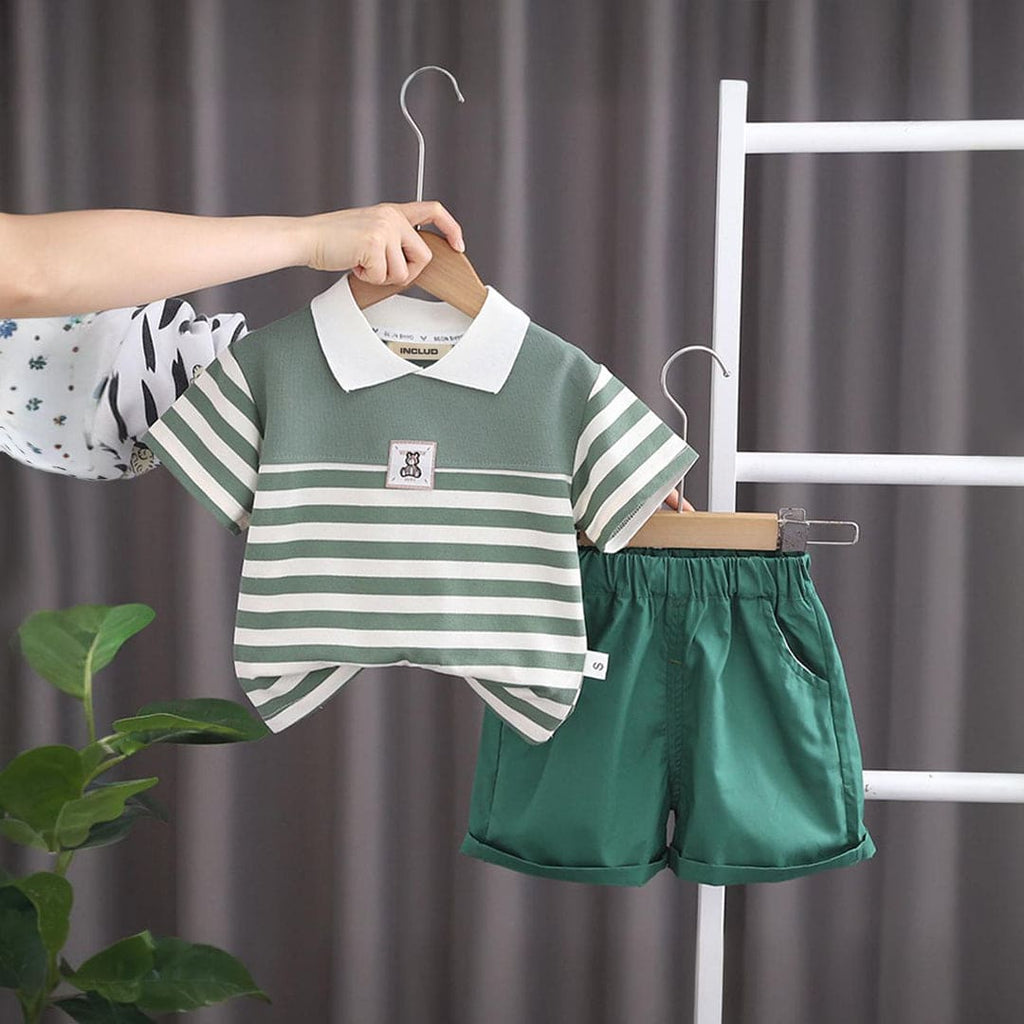 Boys Striped Polo T-shirt with Shorts Set Sets Green 1-2 Y 