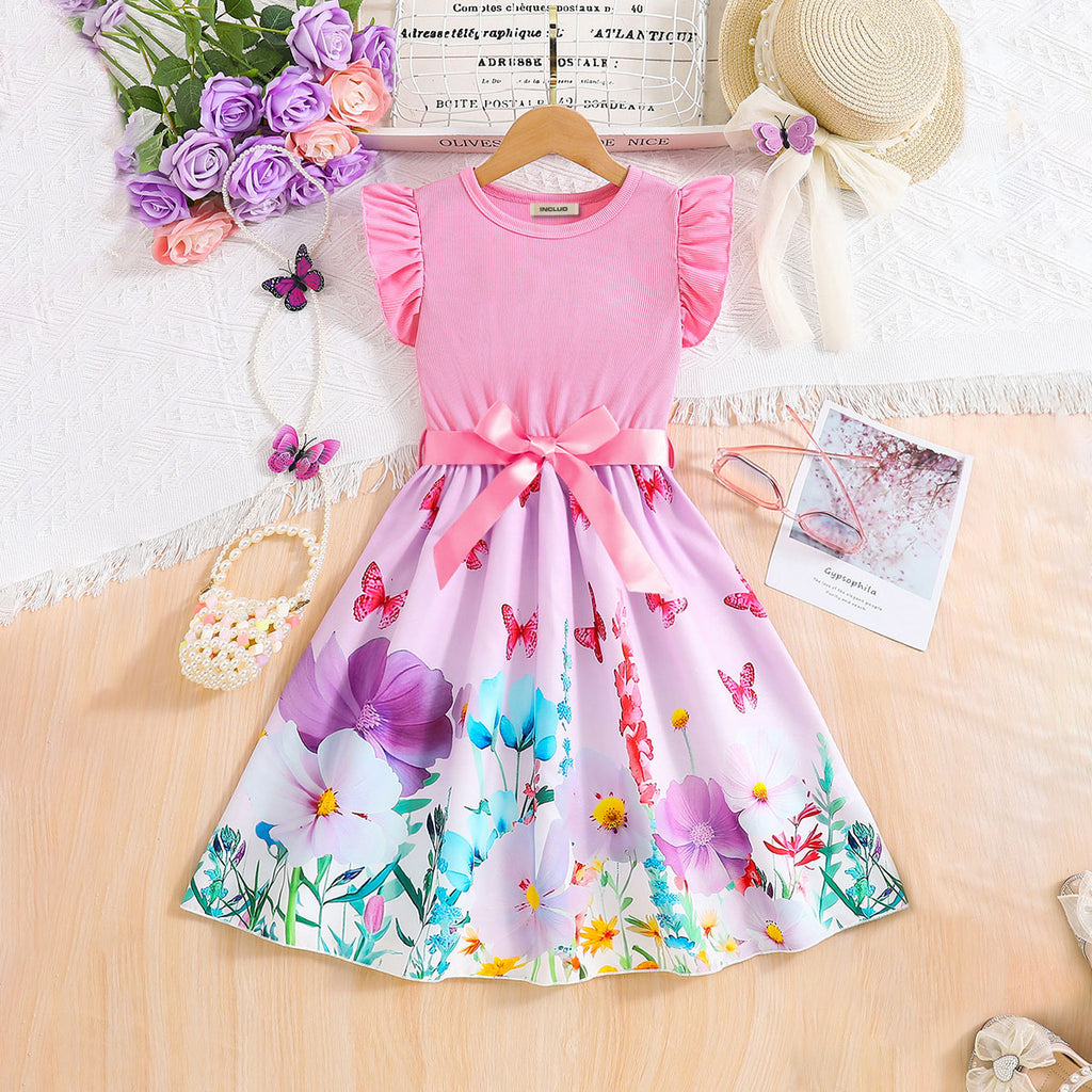 Girls Pink Floral Printed Flutter Sleeves Fit And Flared Dress Casual Dresses Pink 3-4 Y