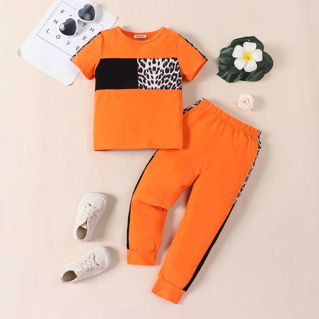 Girls Animal Print Top With Elasticated Jogger Sets 2 pc. Sets Orange 1-2 Y 