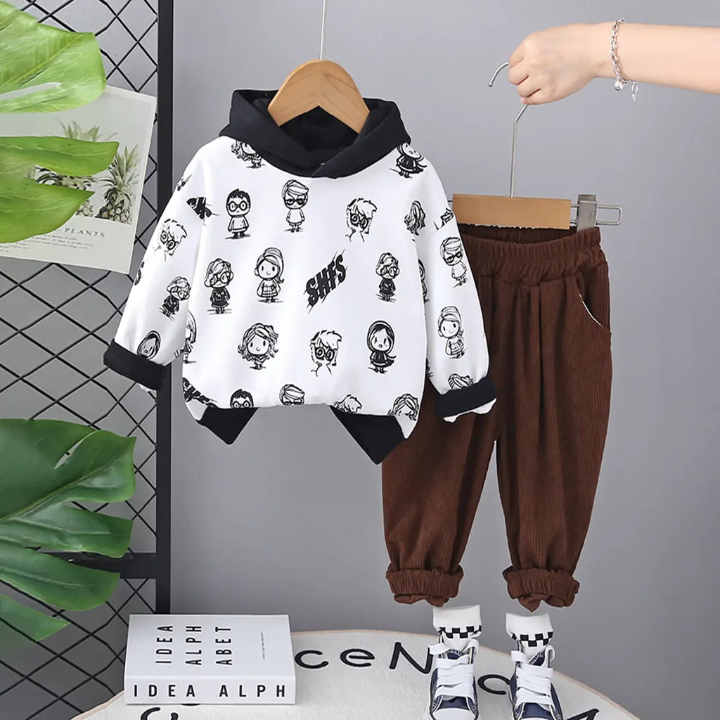 Boys White Cartoon Printed Hooded Sweatshirt With Jogger Sets Sets White 1-2 Y