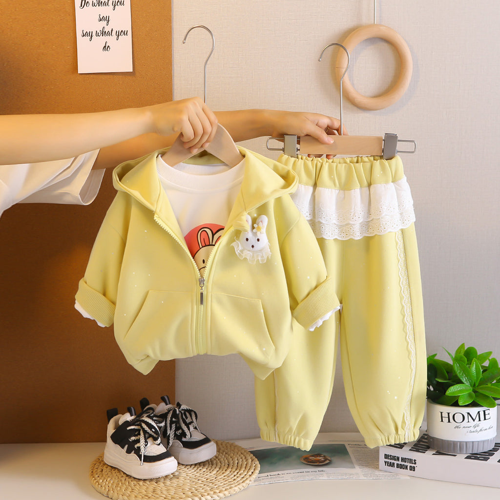 Girls Yellow Rabbit 3d Applique Hooded Sweatshirt With T-Shirt & Joggers Set Sets Yellow 1-2 Y