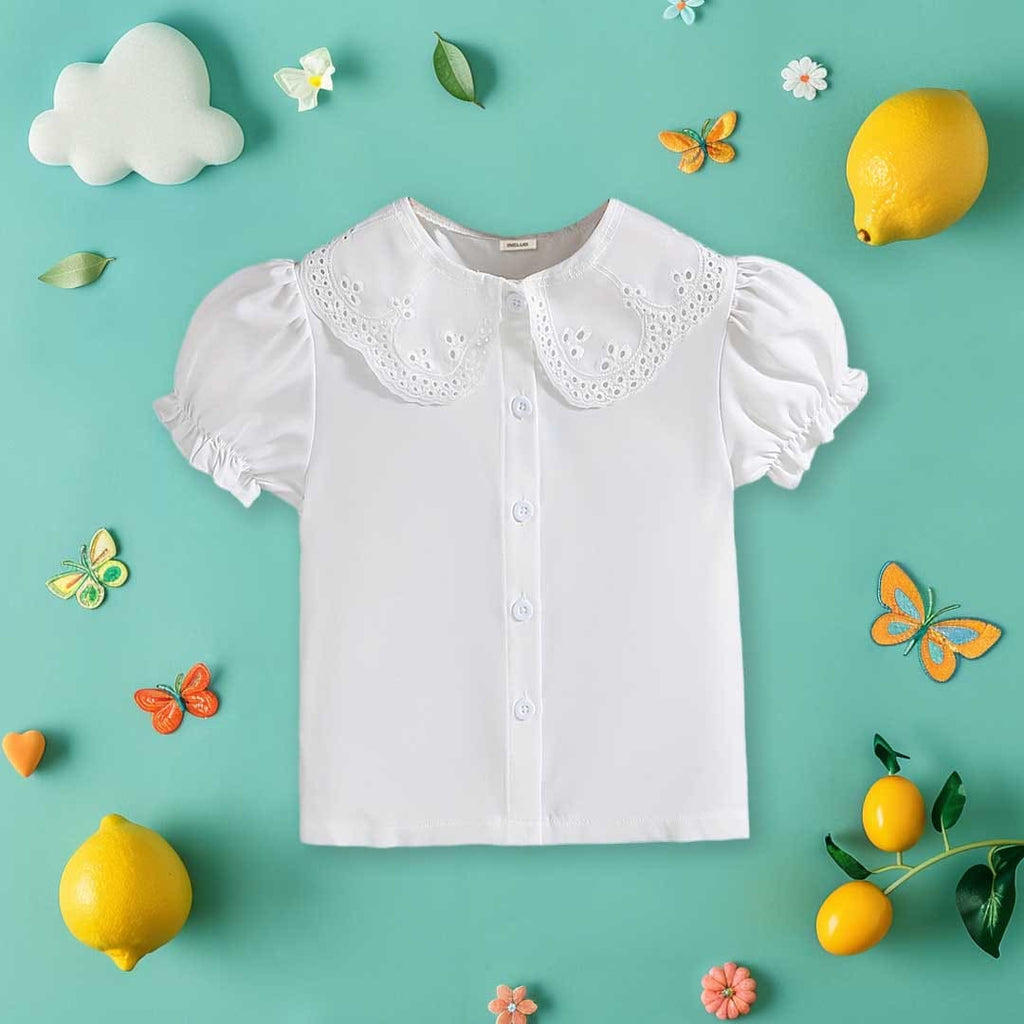 Girls Peter Pan Collar Puff Sleeves Top Tops White 3-4 Y 