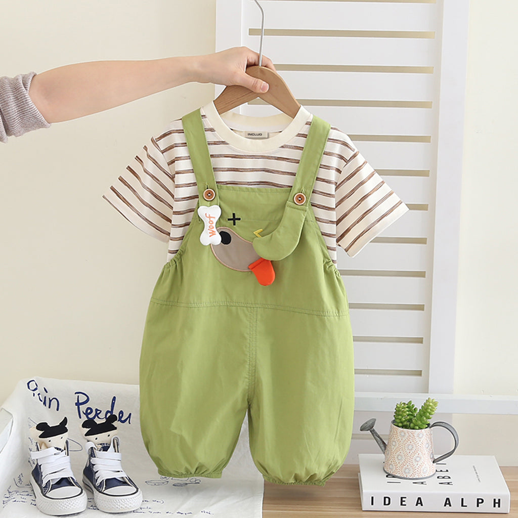 Boys Striped Short sleeves T-Shirt With Green Dungaree Set 2 pc. Sets Green 1-2 Y