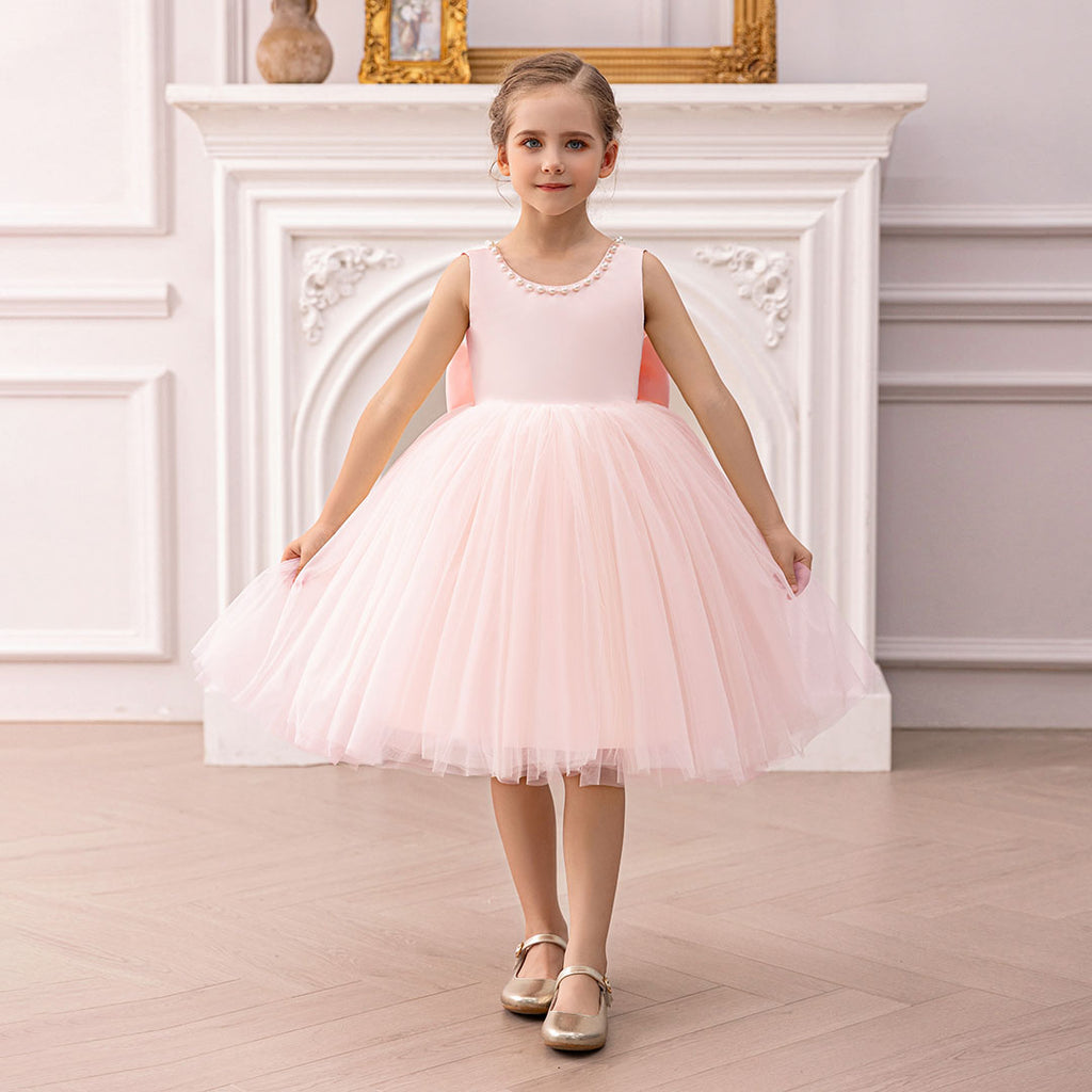 Girls Peach Duchess Satin Tulle Overlay Party Dress with Statement Back Bow Party Dresses Peach 3-4 Y