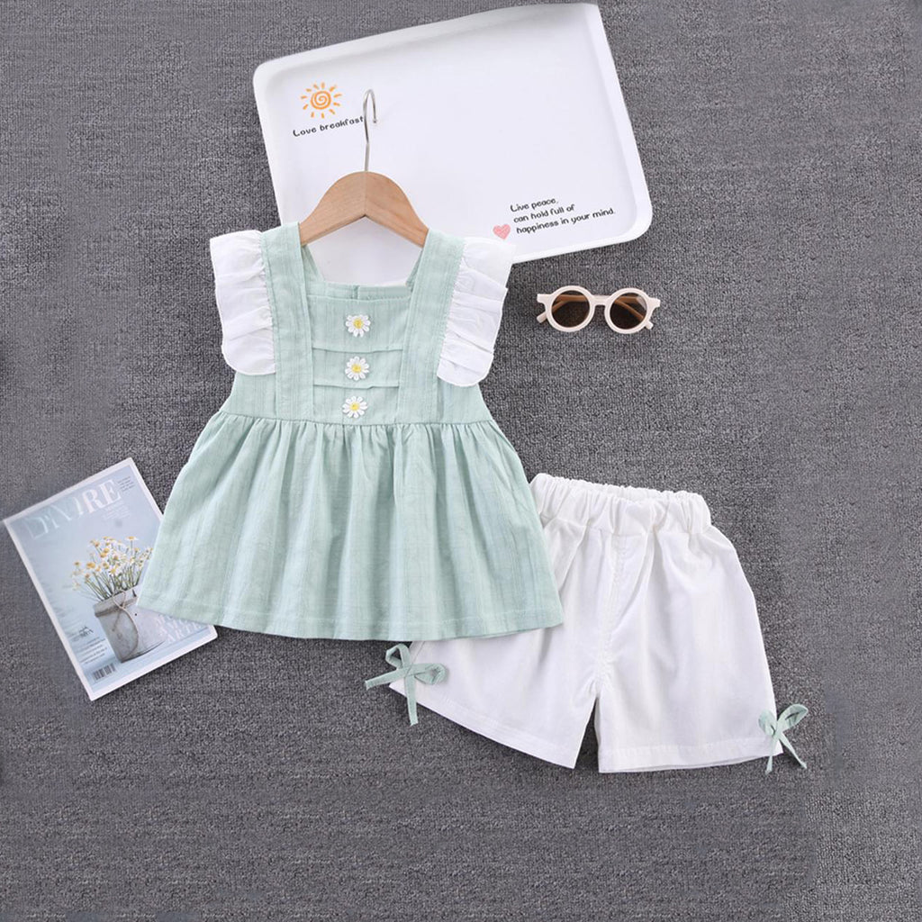 Girls Sleeveless Crochet Flower Top With Shorts 2 pc. Sets Light Green 1-2 Y 