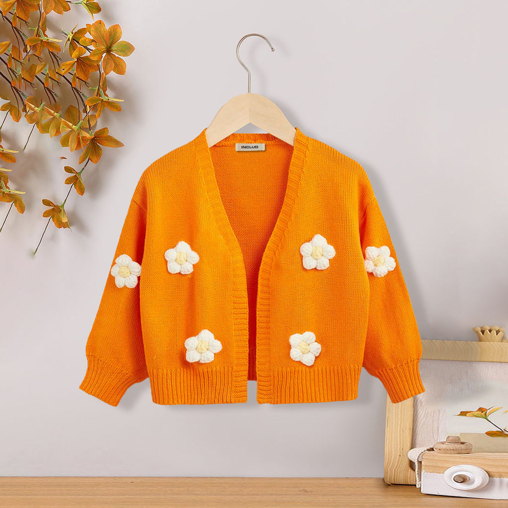Girls Orange 3D Flower Front Open Cardigan Sweaters & Cardigans Orange 3-4 Y