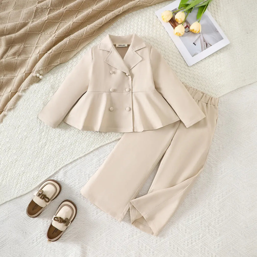 Girls Beige Peplum Blazer With Pants Sets 2 pc. Sets Beige 3-4 Y