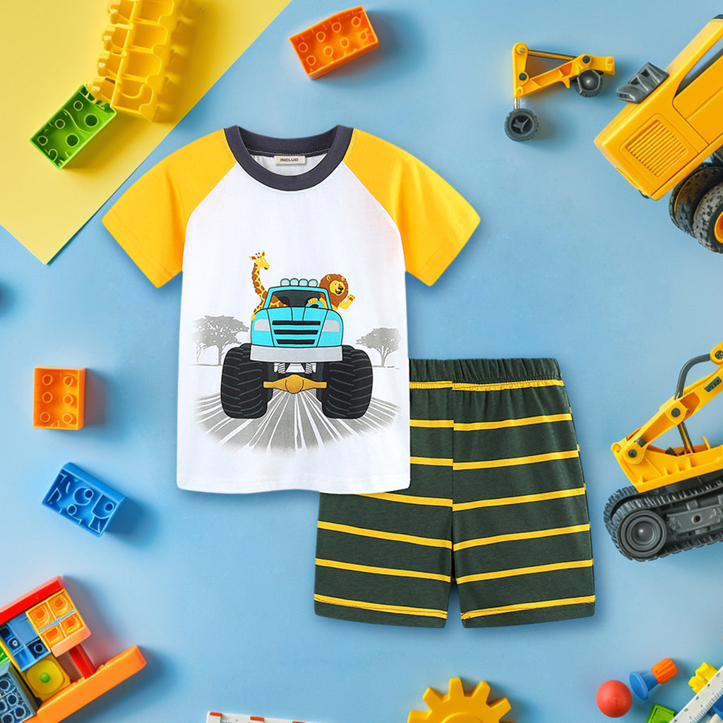 Boys Car Print T-Shirt With Striped Shorts 2 pc. Sets Yellow 1-2 Y 