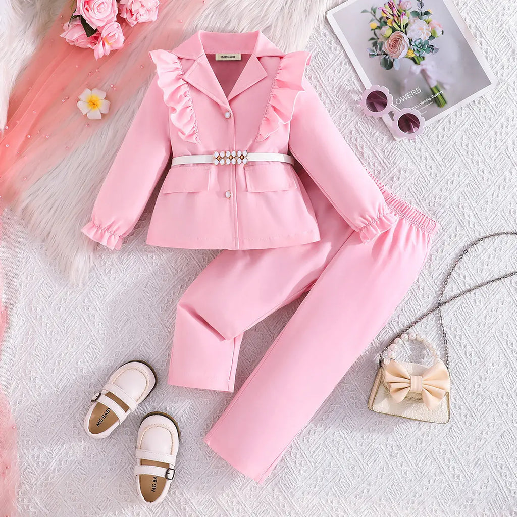 Girls Pink Blazer With Belt & Pant Co-ord Sets Sets Pink 2-3 Y