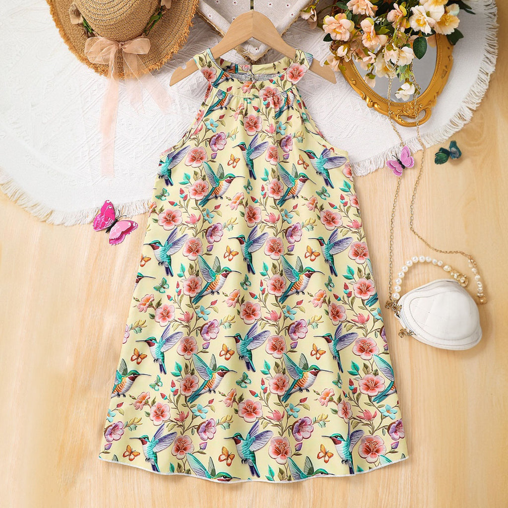 Girls Yellow Birds Printed Halter Neck Casual Dress Casual Dresses Yellow 3-4 Y