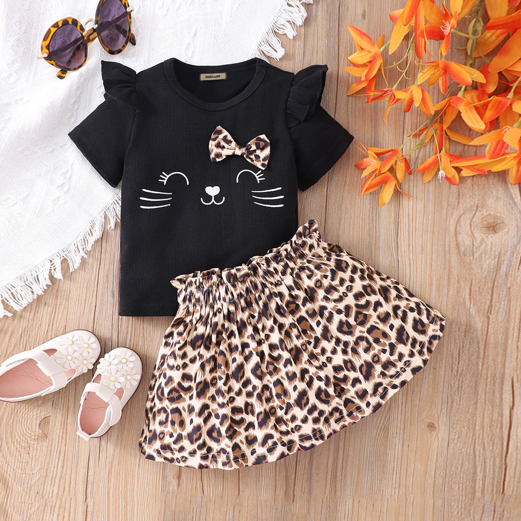 Girls Black Graphic T-Shirt With Animal Print Skirt Set 2 pc. Sets Black 1-2 Y