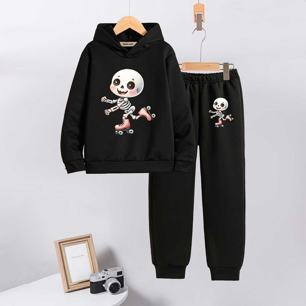 Girls Black Skeleton Printed Hooded Sweatshirt With Jogger Co-ord Sets 2 pc. Sets Black 5-6 Y