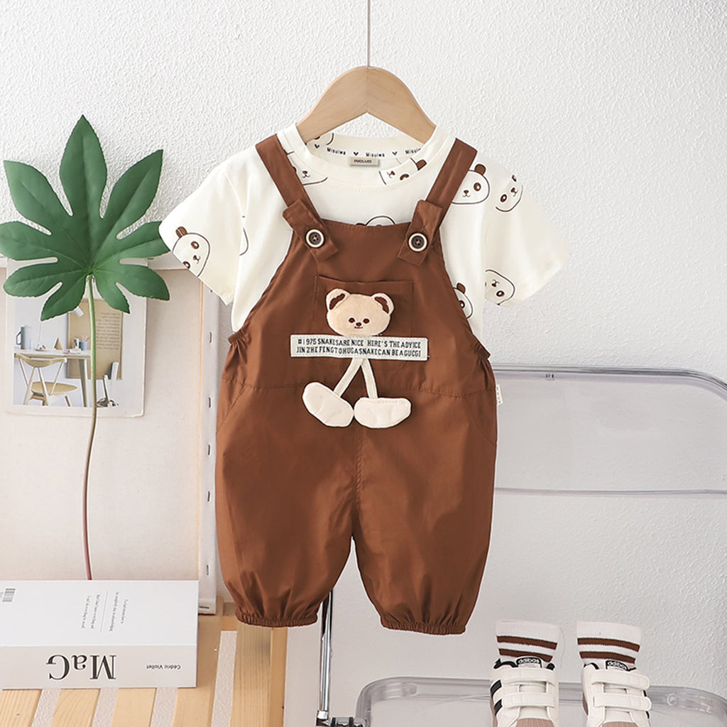 Boys Panda Face Printed T-Shirt With Appliqued Brown Dungaree Set 2 pc. Sets Brown 1-2 Y