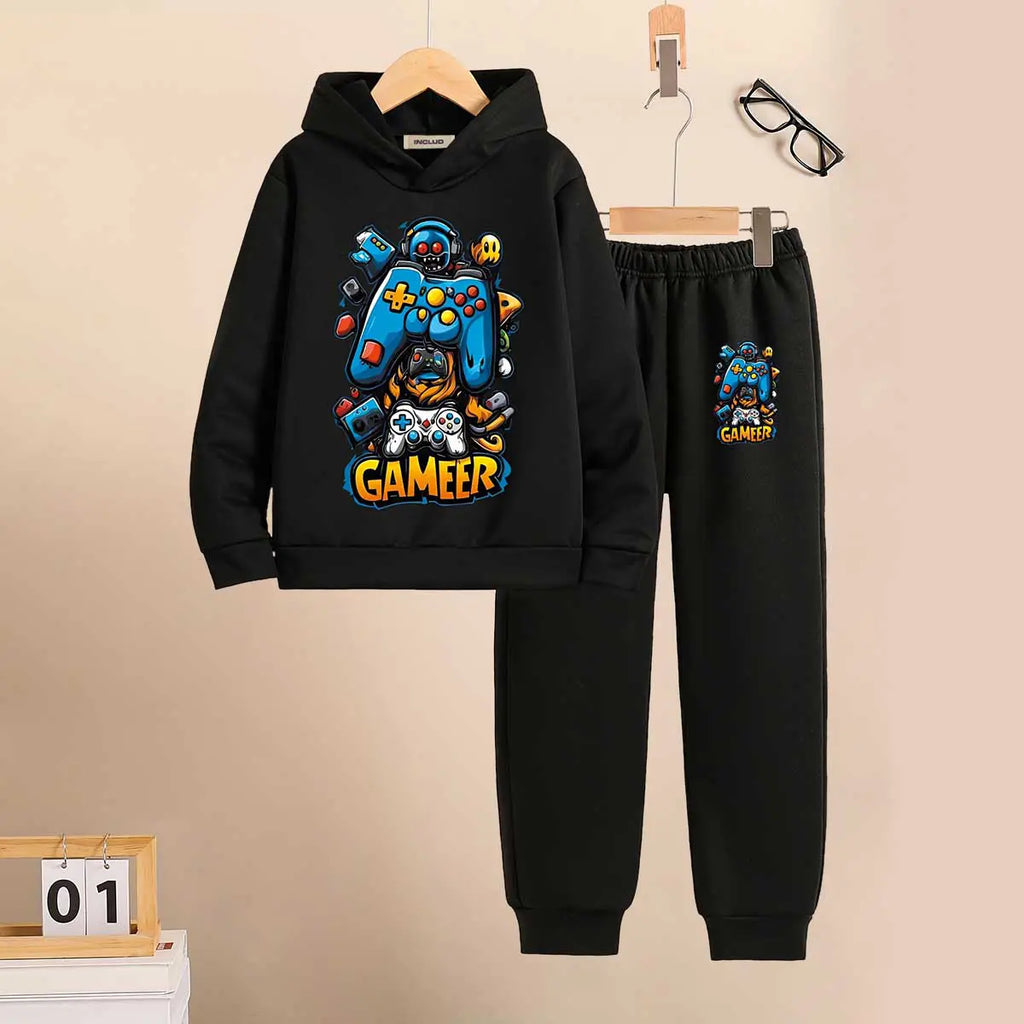Boys Black Gamer Theme Printed Hooded Sweatshirt With Jogger Set 2 pc. Sets Black 5-6 Y