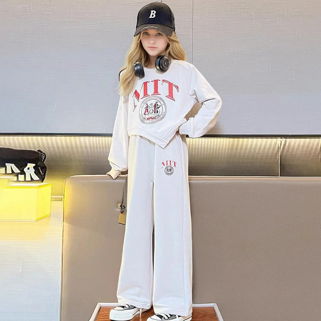Girls Off White Typographic Printed Sweatshirt With Asymmetrical Hemline & Pant Sets Sets Off White 5-6 Y
