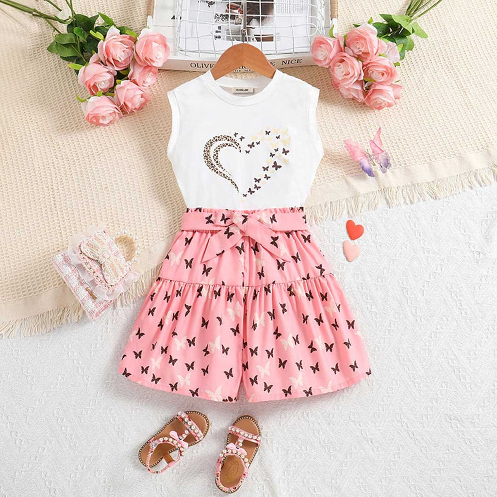 Girls Butterfly Print Short Sleeves T-Shirt With Shorts Set Sets White 7-8 Y 