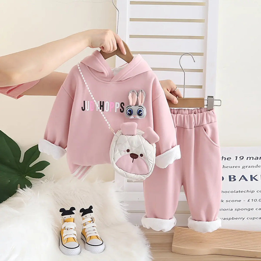 Girls Pink Applique Hoodies Sweatshirt With Pants & Bag Sets 3 pc. Sets Pink 1-2 Y