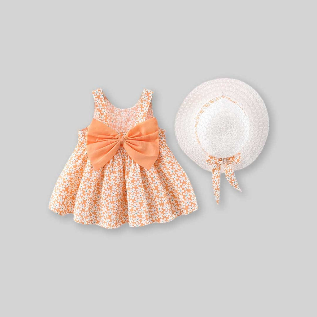 Girls Floral Print Sleeveless Casual Dress with Hat Casual Dresses Orange 1-2 Y 