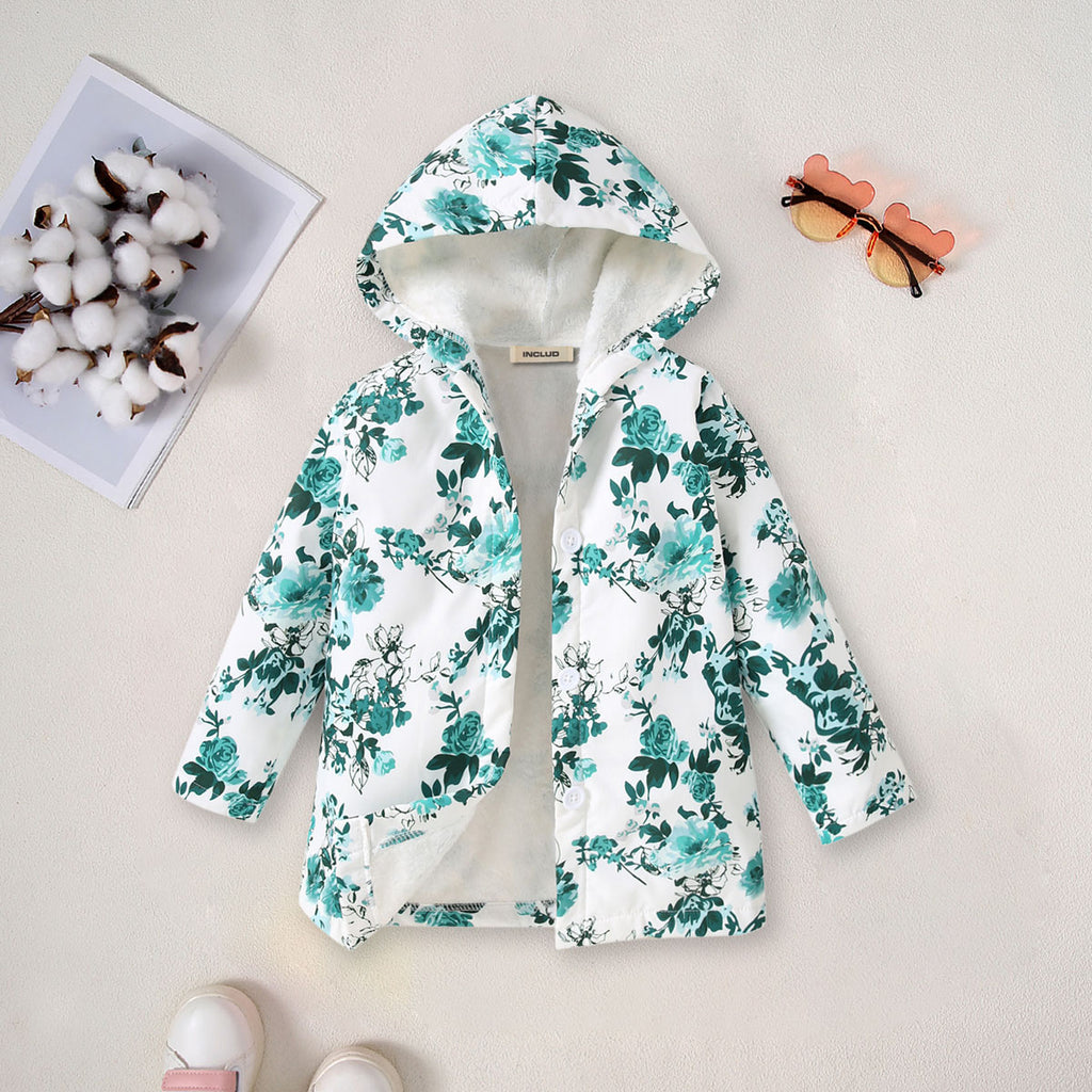 Girls Green Floral Printed Hooded Front Open Winter Jacket Coats & Jackets Green 3-4 Y