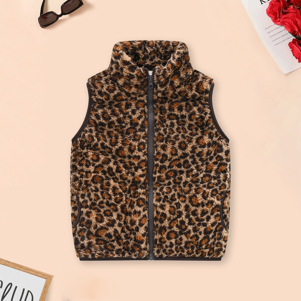Girls Multicolor Leopard Printed Fleece Front Zipper Sleeveless Winter Jacket Coats & Jackets Multicolor 3-4 Y