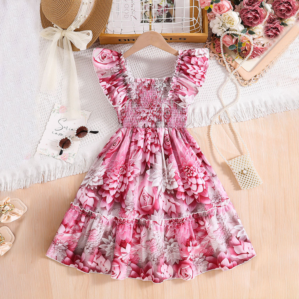 Girls Salmon Pink Floral Printed Sleeveless Square Neck Fit & Flare Dress Casual Dresses