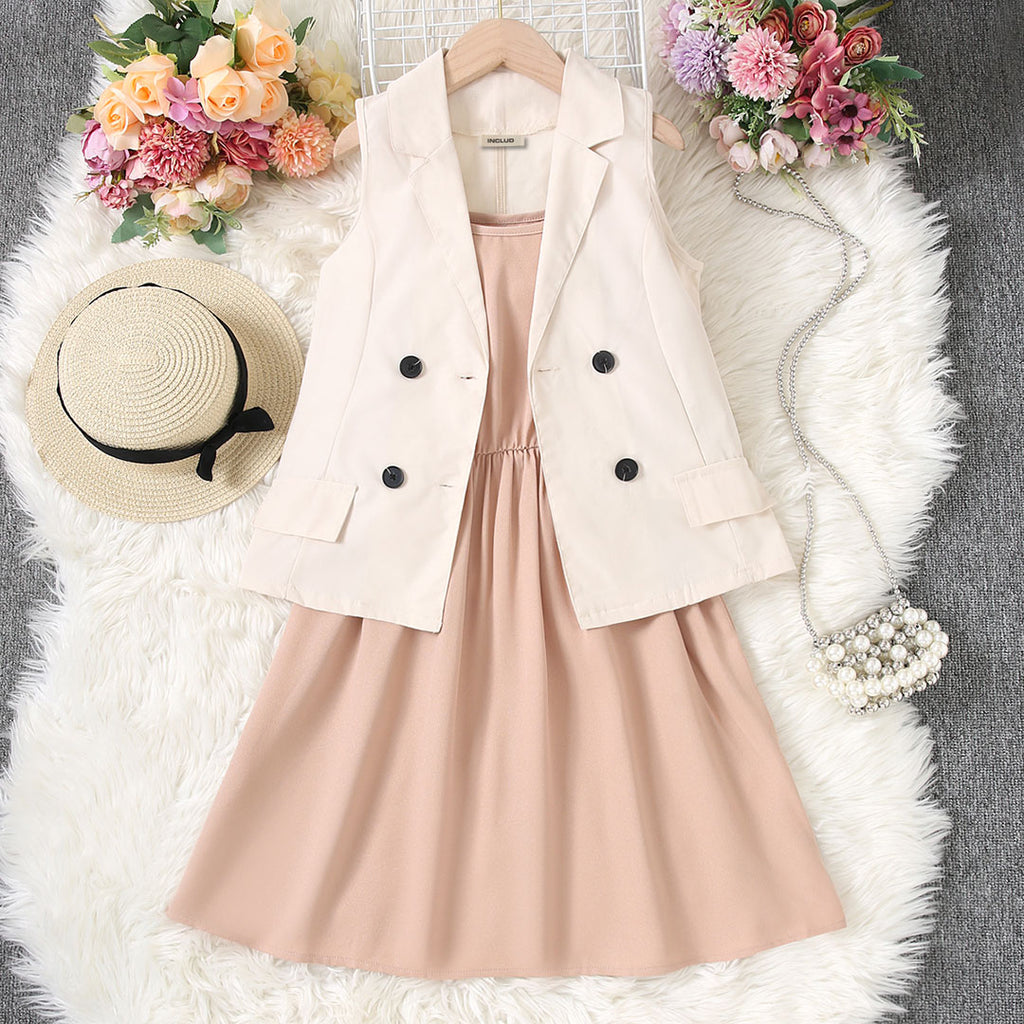 Girls Apricot Sleeveless Jacket With Fit & Flare Dress Casual Dresses Apricot 8-9 Y