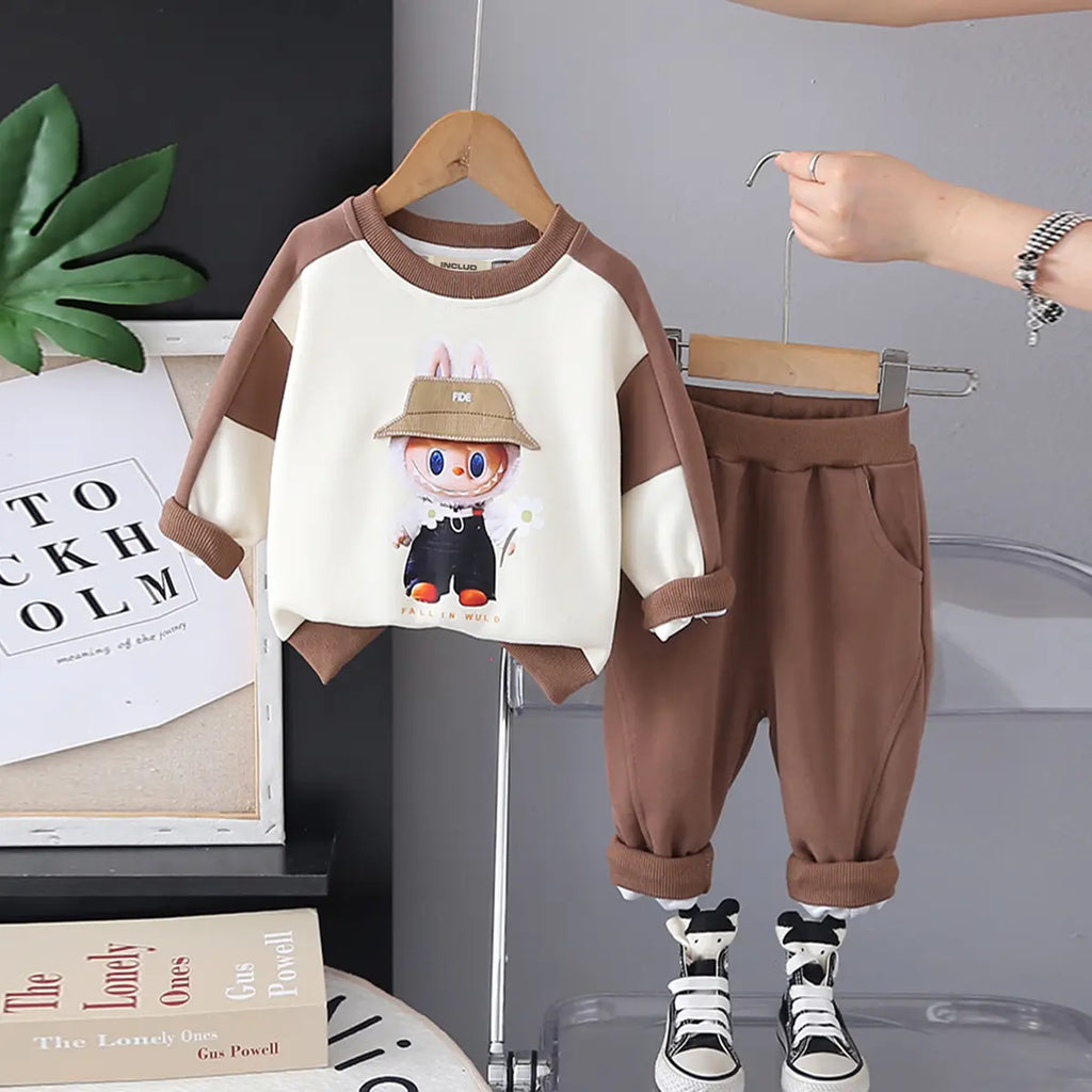 Boys Brown Graphics Printed Sweatshirt With Jogger Sets Sets Brown 1-2 Y