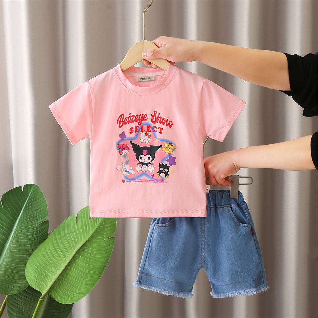 Boys Pink Cartoon Printed Short Sleeves T-Shirt With Denim Shorts Set 2 pc. Sets Pink 1-2 Y