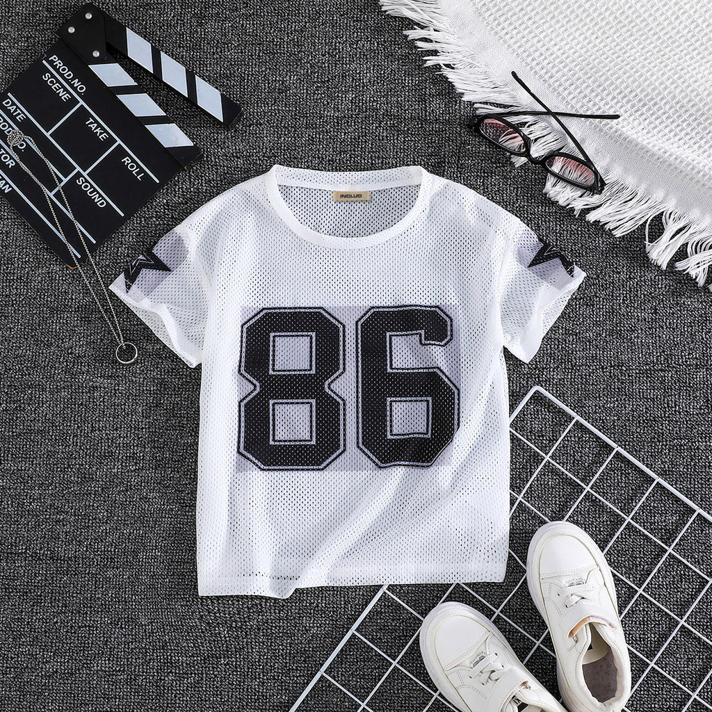 Boys White Numeric Printed Short Sleeves Mesh T-Shirt Tshirts