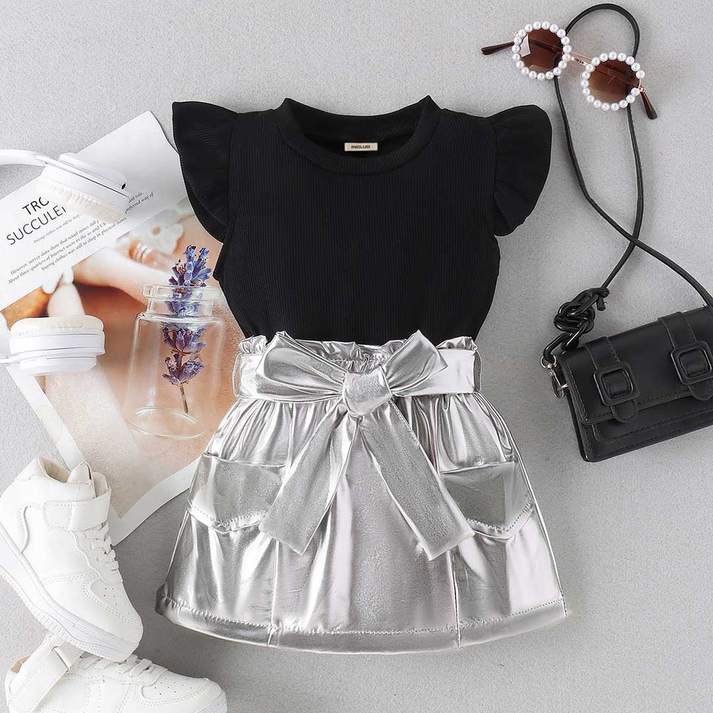 Girls Flared Sleeve Top With Silver Skirt & Belt Set 2 pc. Sets Black 1-2 Y 