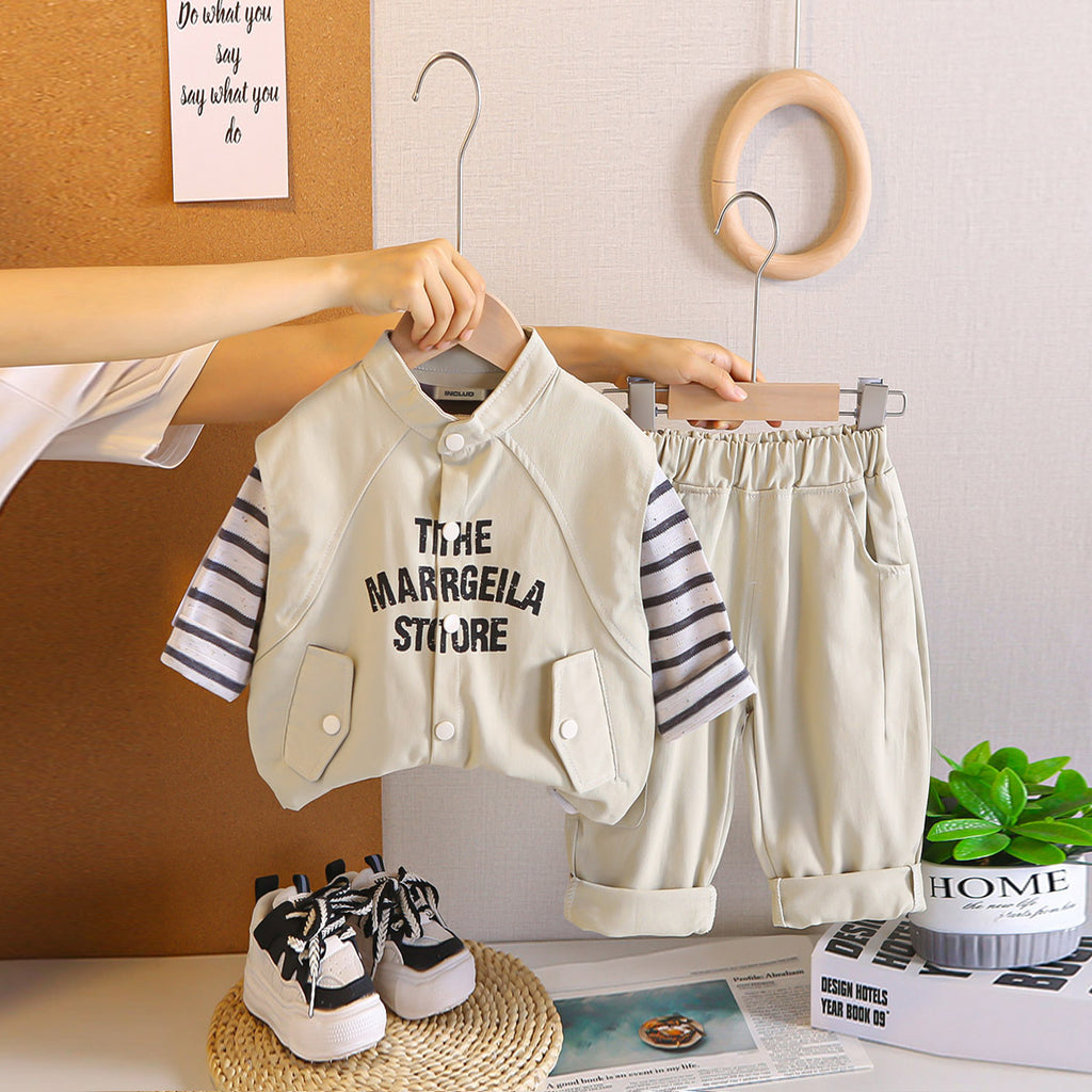 Boys Off White Typographic Printed Sleeveless Jacket With Striped T-Shirt & Pants Set Sets Off White 1-2 Y