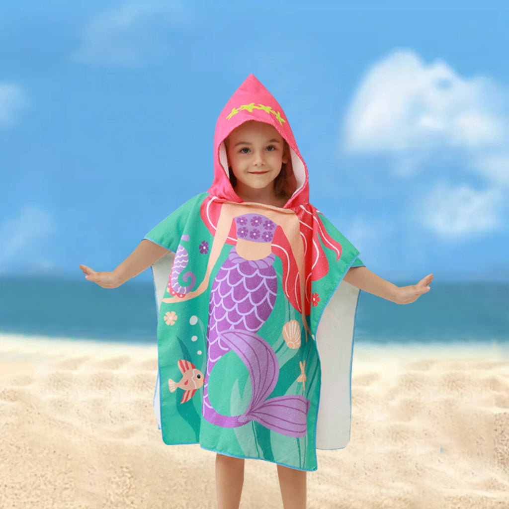 Kids Pink Mermaid Print Hooded Poncho Towel Bathrobe Trending Accessories Multicolor Onesize