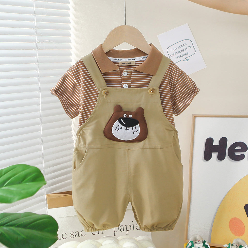Boys Brown Striped Polo T-Shirts With Dungaree Set 2 pc. Sets Brown 1-2 Y