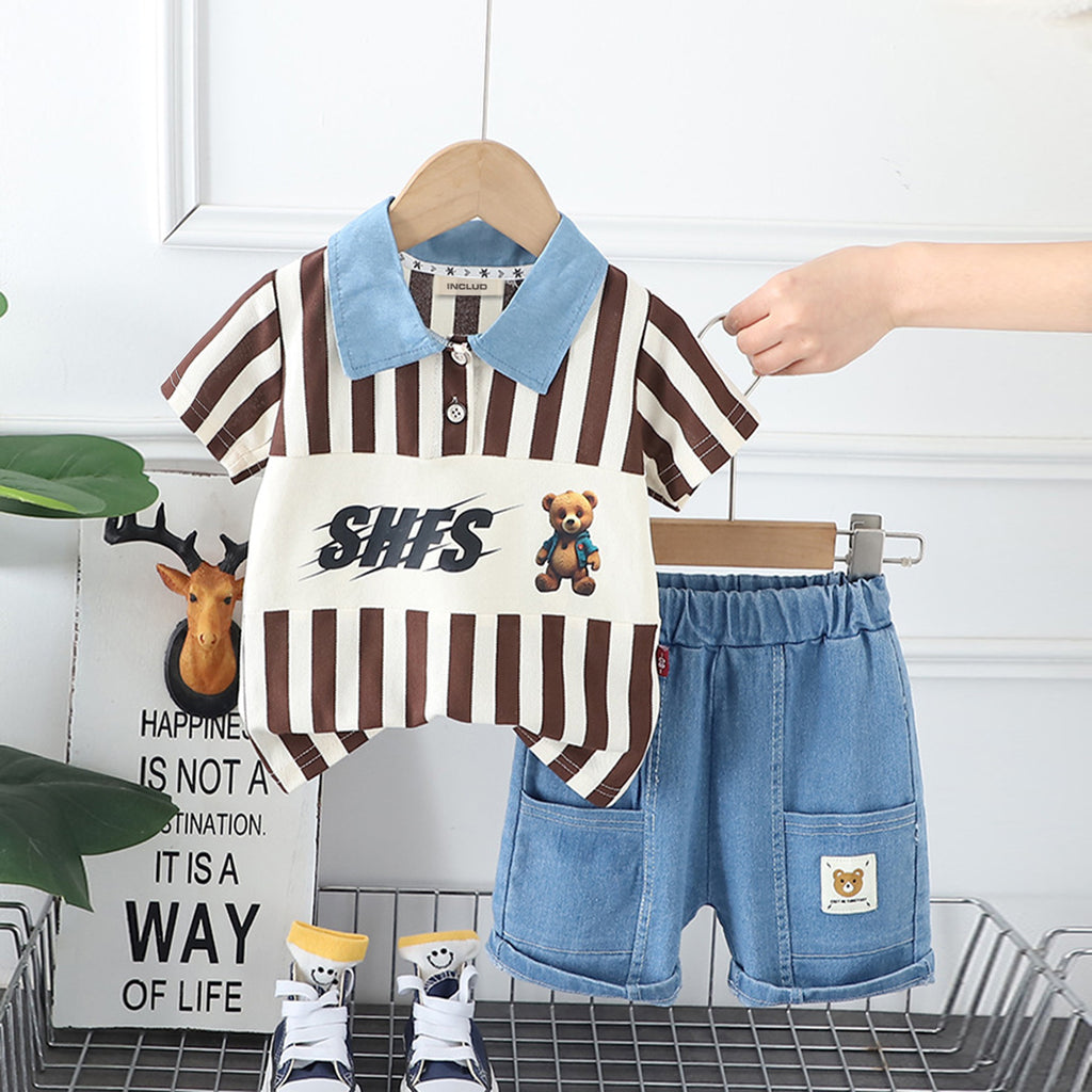 Boys Short Sleeve Graphic Polo T-Shirt With Shorts 2 pc. Sets Brown 1-2 Y 