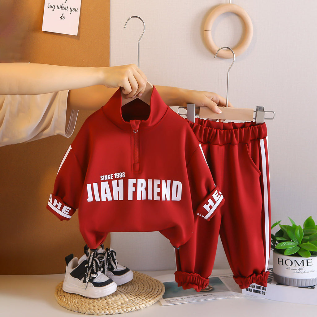 Boys Red Typographic Printed Sweatshirt With Joggers Set 2 pc. Sets Red 1-2 Y