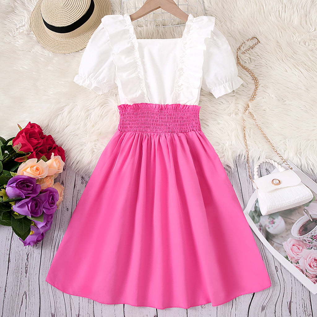 Girls Pink Short Sleeve Square Neck Fit & Flare Dress Casual Dresses Pink 8-9 Y